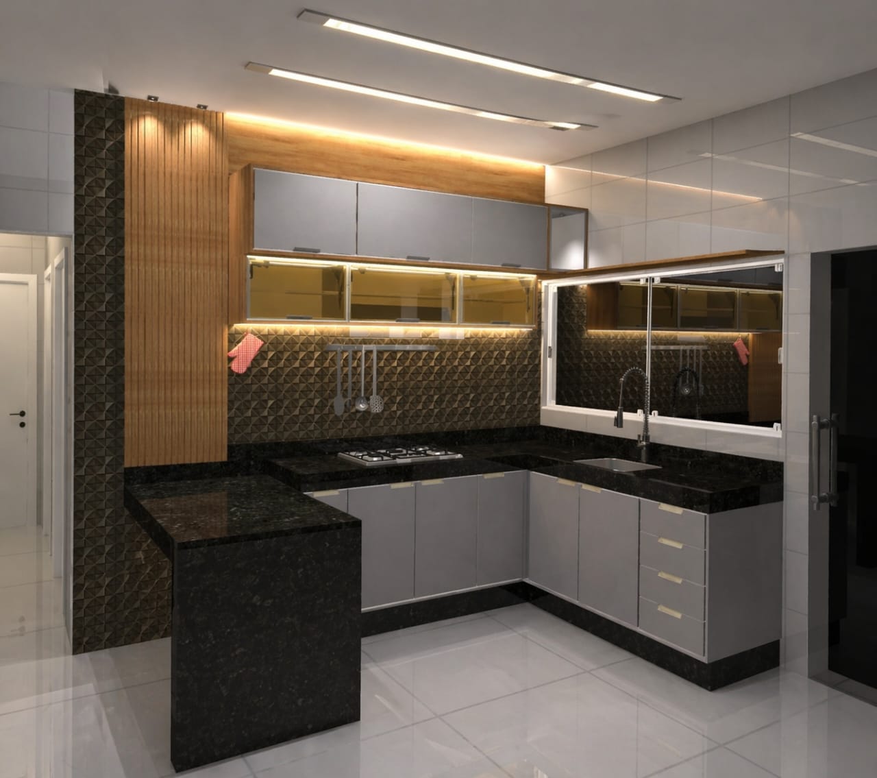 Cozinha em L com Granito Verde